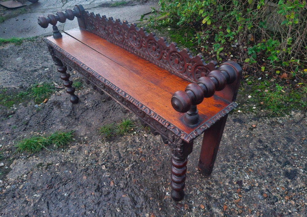 Victorian carved oak hall seat bench.  View IV