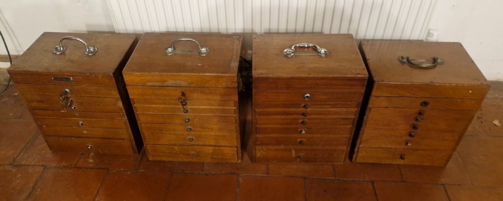 4 early 20th century mahogany specimen chests with carrying handles.  View II