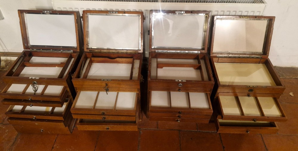 4 early 20th century mahogany specimen chests with carrying handles.  View XIX