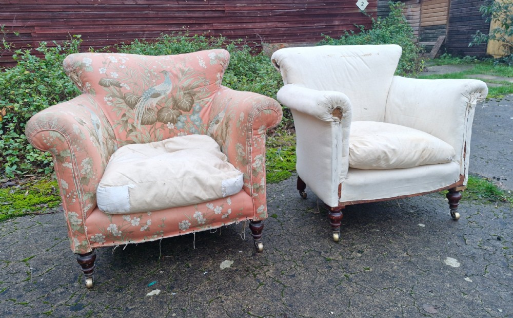 Pair of Howard style Woodstock upholstered armchairs. 