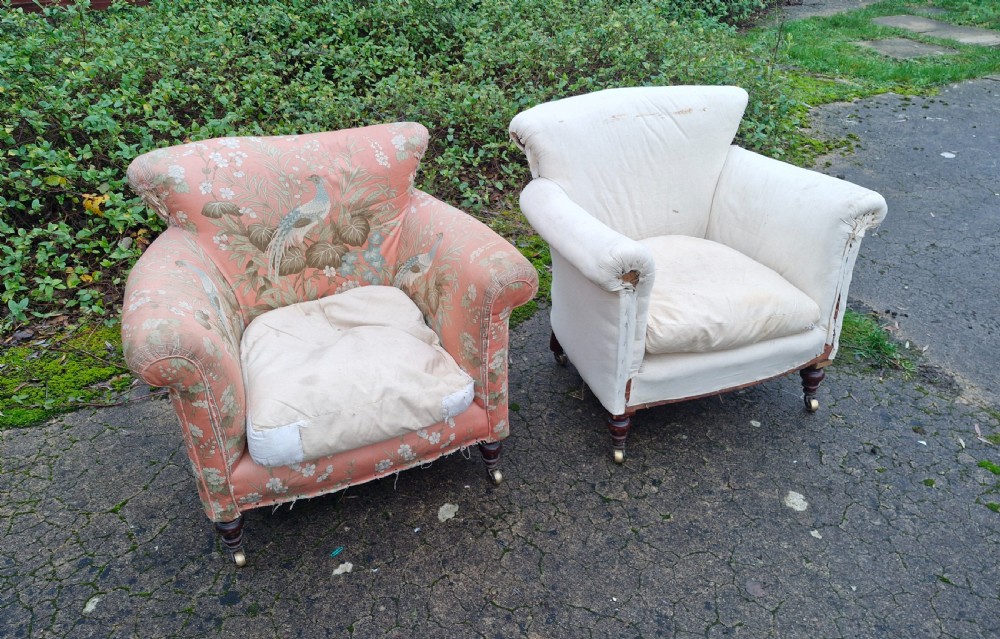 Pair of Howard style Woodstock upholstered armchairs.  View IV
