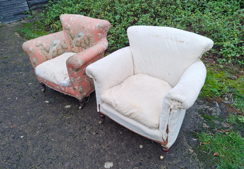 Pair of Howard style Woodstock upholstered armchairs.  View V