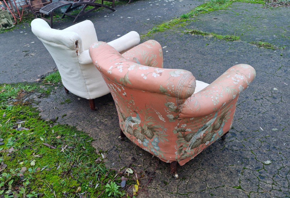 Pair of Howard style Woodstock upholstered armchairs.  View VIII