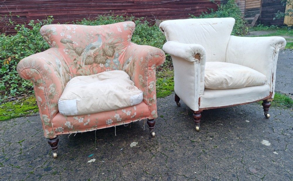 Pair of Howard style Woodstock upholstered armchairs.  View X