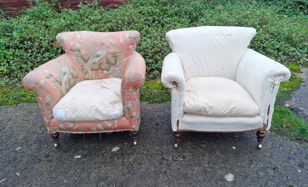 Pair of Howard style Woodstock upholstered armchairs.  View XI