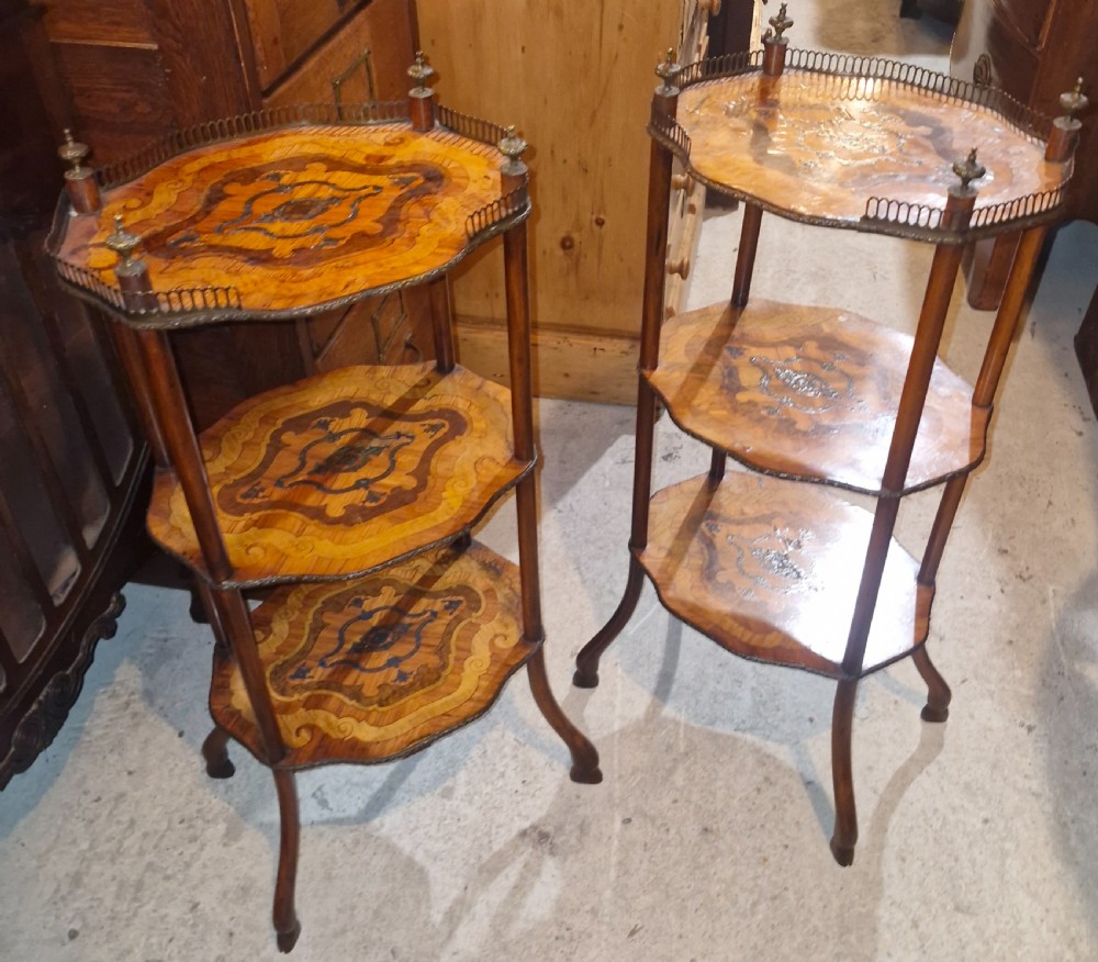 Pair of late 19th century marquetry etageres. 