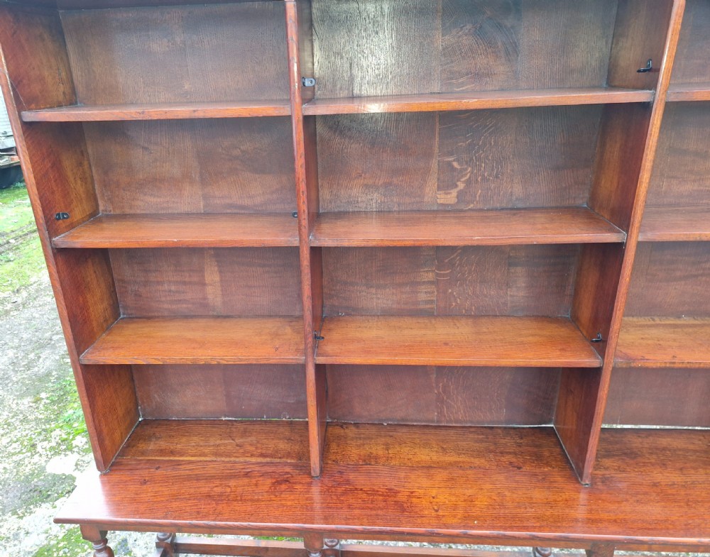 Edwardian oak open front bookcase in 2 parts. View II