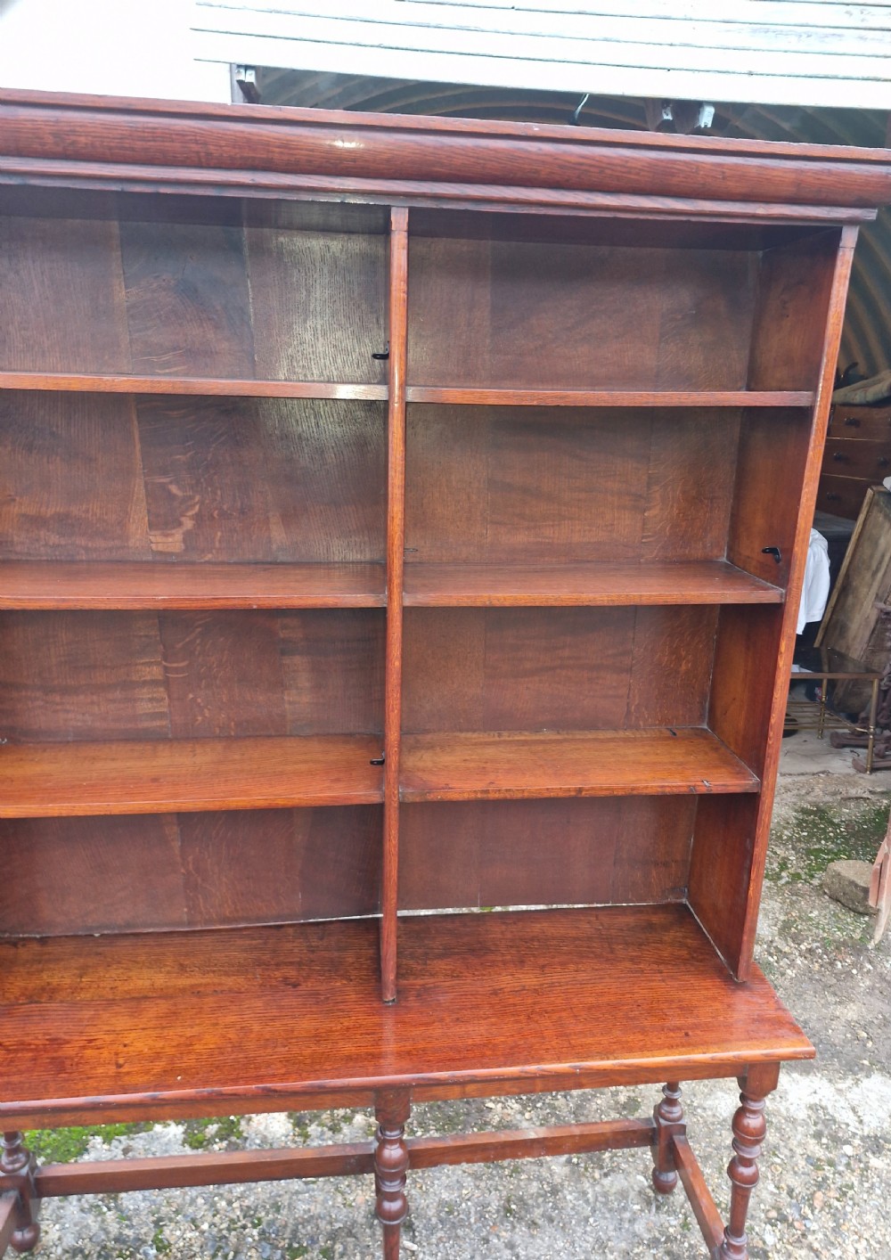 Edwardian oak open front bookcase in 2 parts. View III