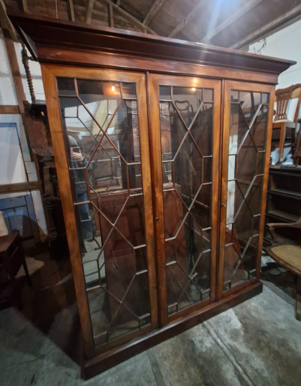 Mahogany 3 door glazed bookcase cabinet,adjustable shelves.  View III