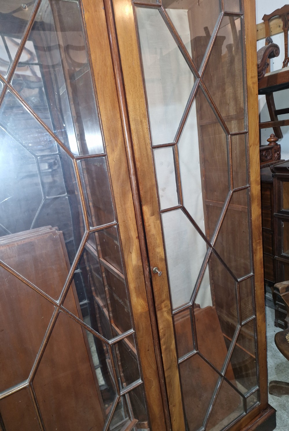 Mahogany 3 door glazed bookcase cabinet,adjustable shelves.  View VII
