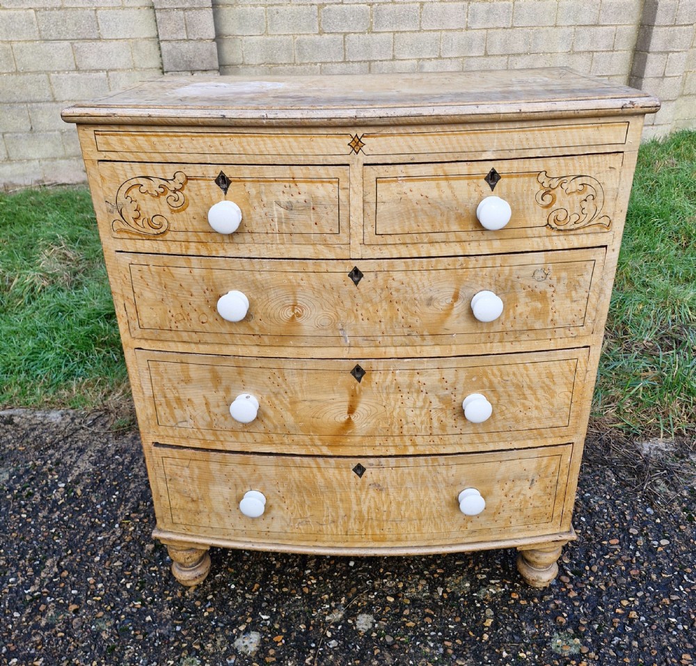 Original untouched painted pine bow front chest of drawers. 