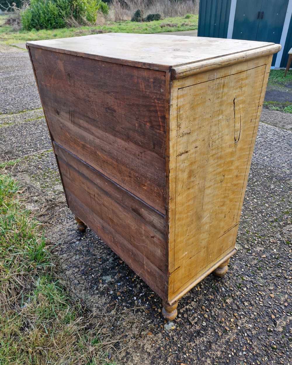 Original untouched painted pine bow front chest of drawers.  View II