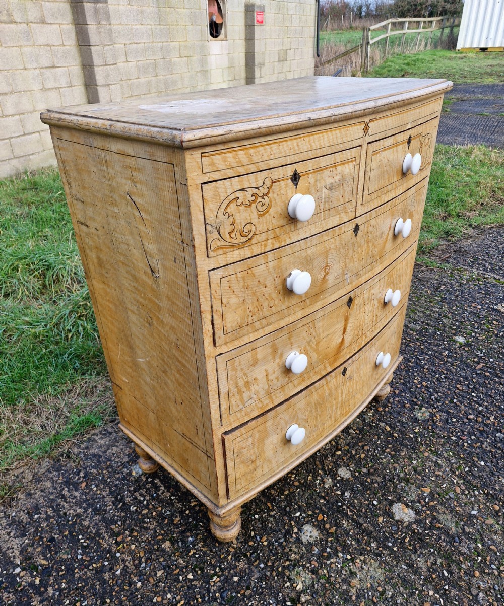 Original untouched painted pine bow front chest of drawers.  View III