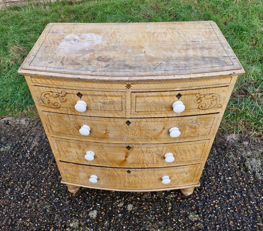 Original untouched painted pine bow front chest of drawers.  View V