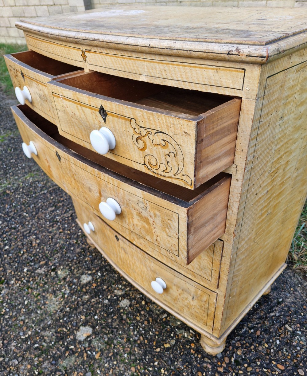 Original untouched painted pine bow front chest of drawers.  View VI