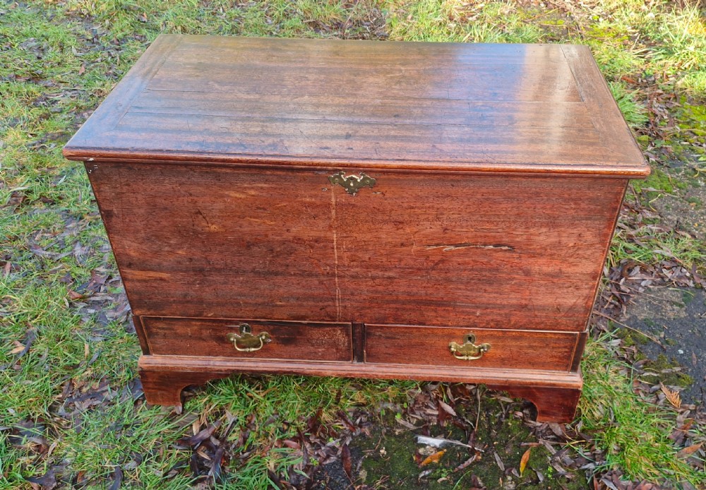 An early 19th-century mahogany mule chest featuring a hinged top lid, brass keyhole escutcheon, two lower drawers with brass drop handles, resting on bracket feet.