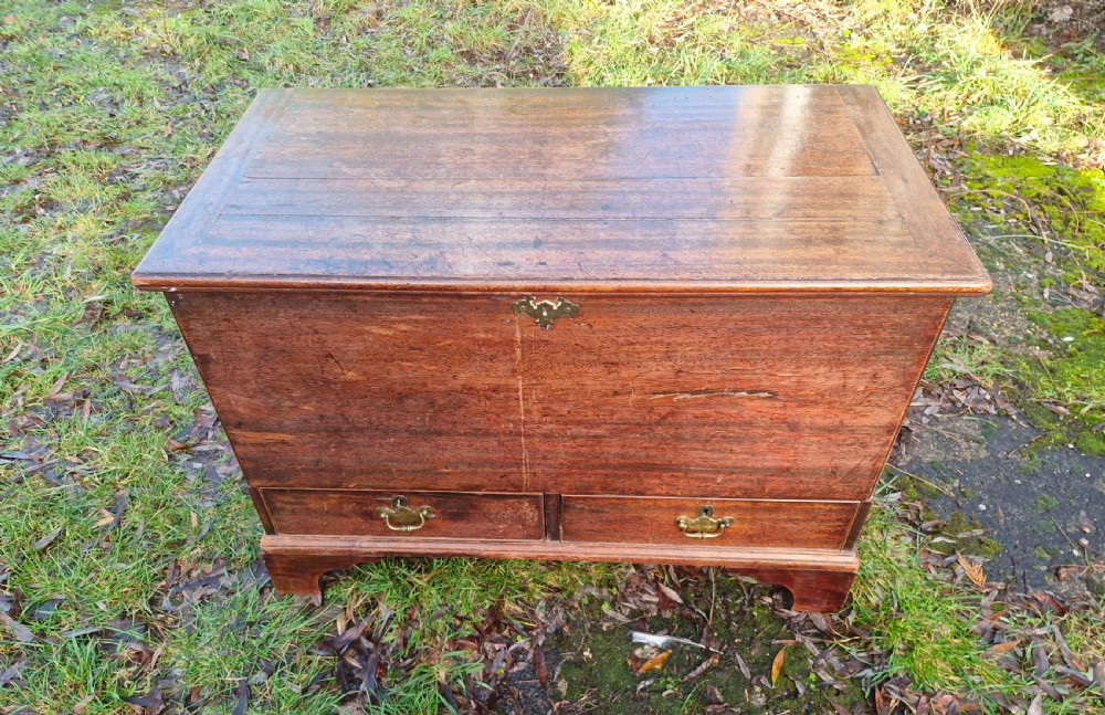 An early 19th-century mahogany mule chest featuring a hinged top lid, brass keyhole escutcheon, two lower drawers with brass drop handles, resting on bracket feet. View IV