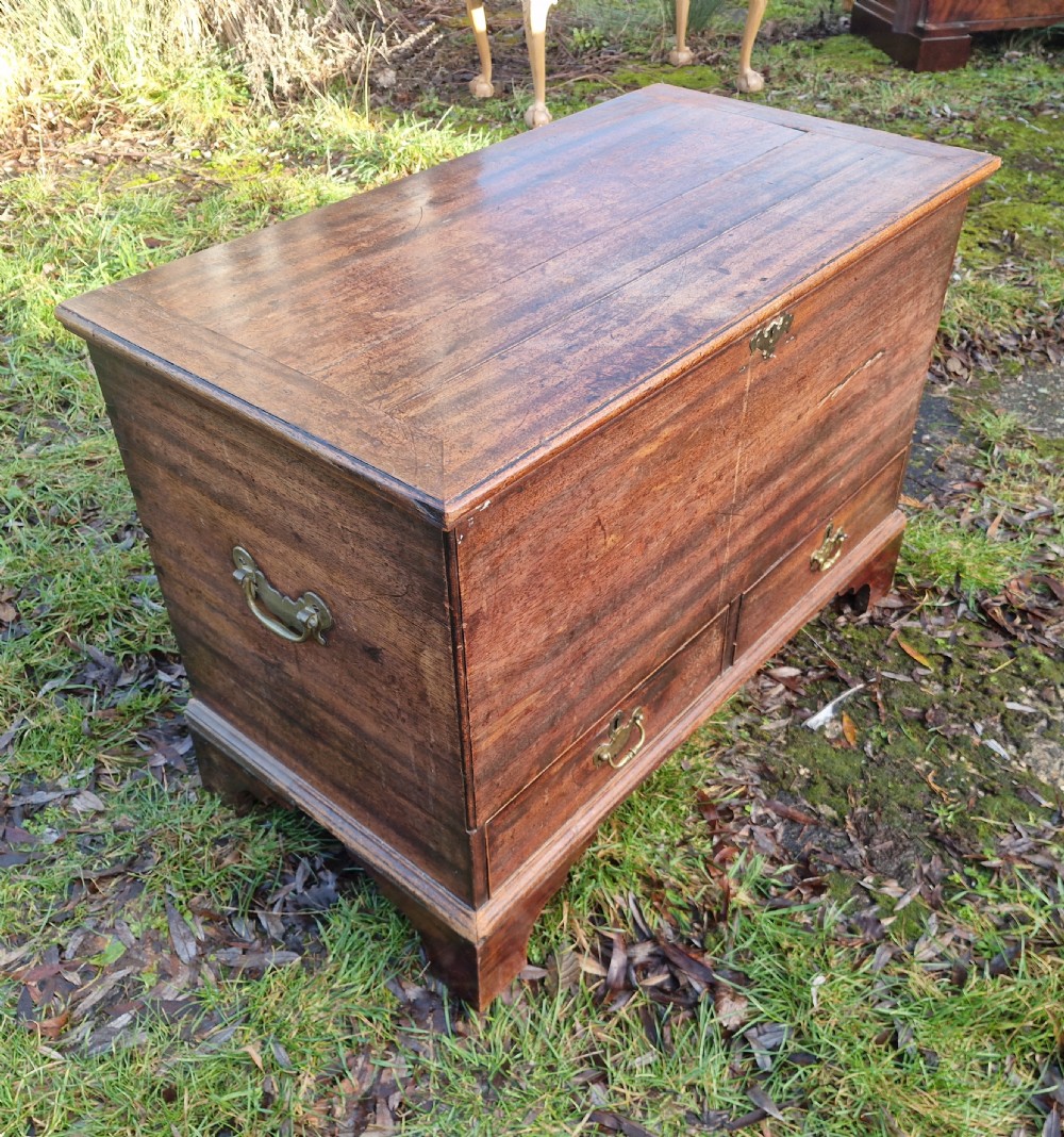 An early 19th-century mahogany mule chest featuring a hinged top lid, brass keyhole escutcheon, two lower drawers with brass drop handles, resting on bracket feet. View VI