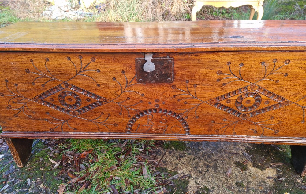 18th century dated elm chest. View II