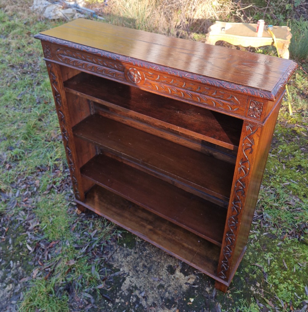 Edwardian carved oak open front bookcase.  View III