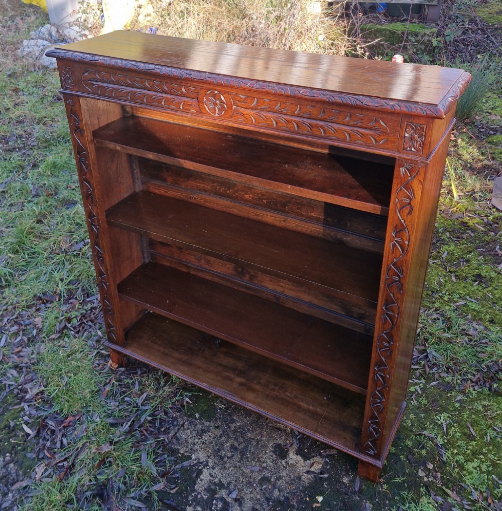 Edwardian carved oak open front bookcase.  View IV