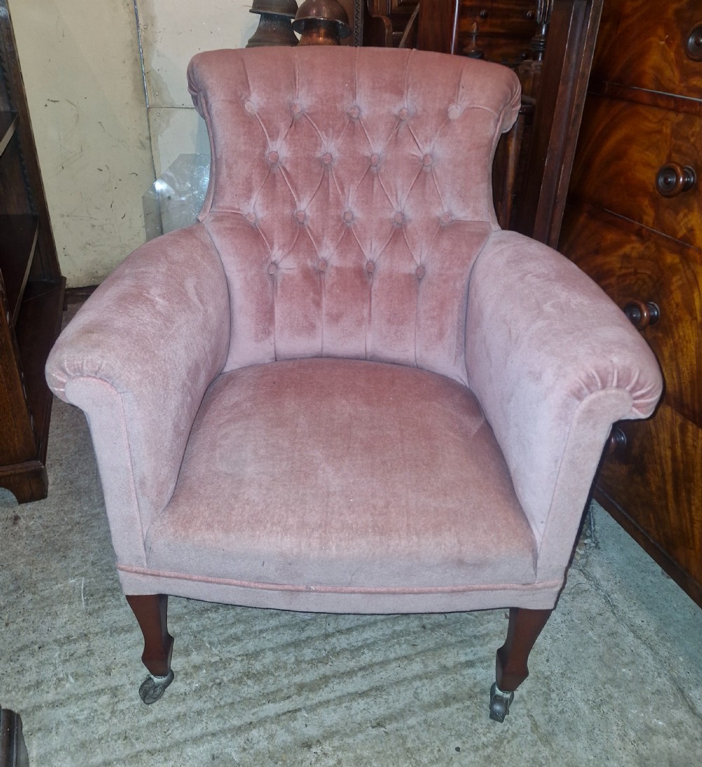 Edwardian button back upholstered armchair.  View II