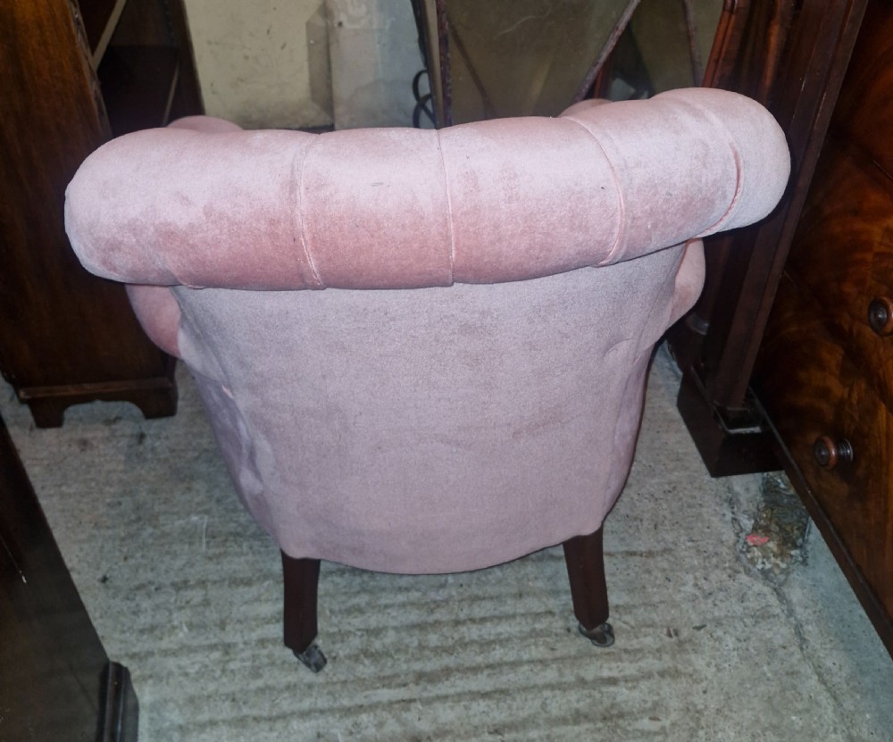 Edwardian button back upholstered armchair.  View III