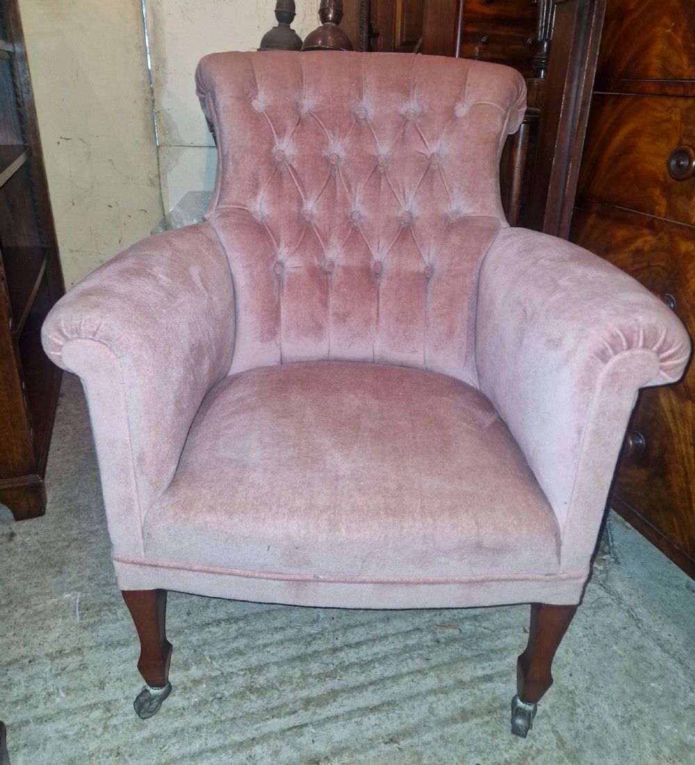 Edwardian button back upholstered armchair.  View V