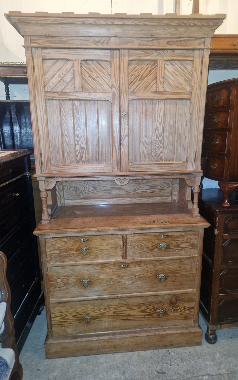 Victorian pitch pine Gothic revival 2 part kitchen housekeepers cabinet 