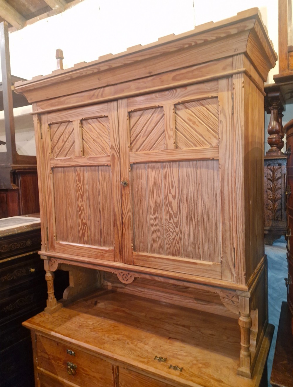 Victorian pitch pine Gothic revival 2 part kitchen housekeepers cabinet  View VI