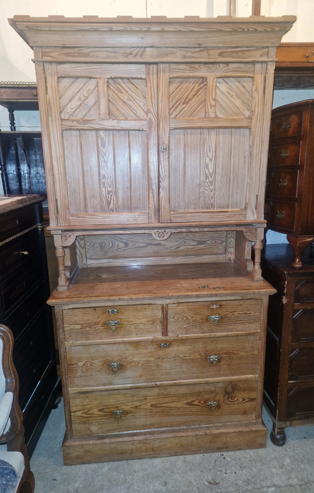 Victorian pitch pine Gothic revival 2 part kitchen housekeepers cabinet  View VIII