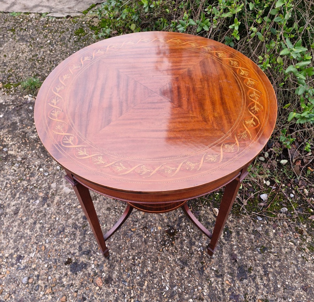 Edwardian inlaid mahogany 2 tier occasional table.  View IV