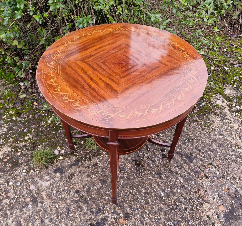 Edwardian inlaid mahogany 2 tier occasional table.  View V