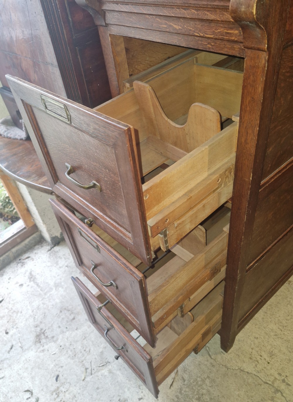 Early 20th century oak 3 drawer filing office cabinet.  View V