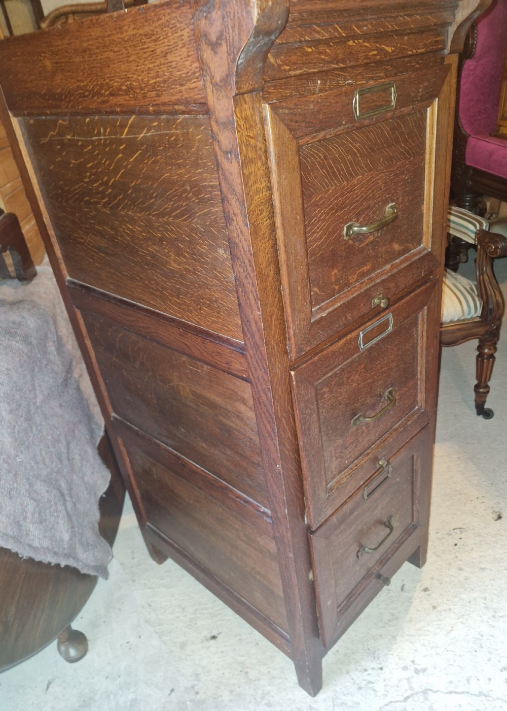 Early 20th century oak 3 drawer filing office cabinet.  View VI