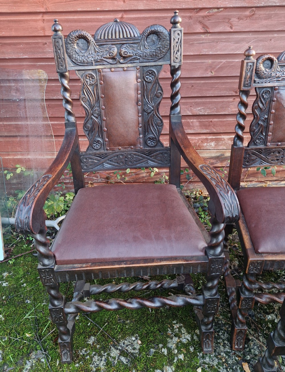 Good set of Edwardian carved oak dining chairs. With carved Dolphins.  View X