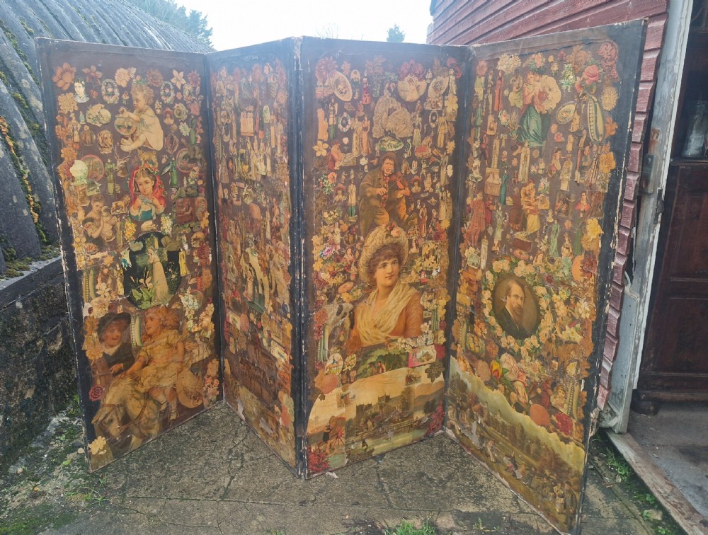 A Victorian four-fold wooden screen covered entirely in dense paper decoupage and scrapwork illustrations. View II