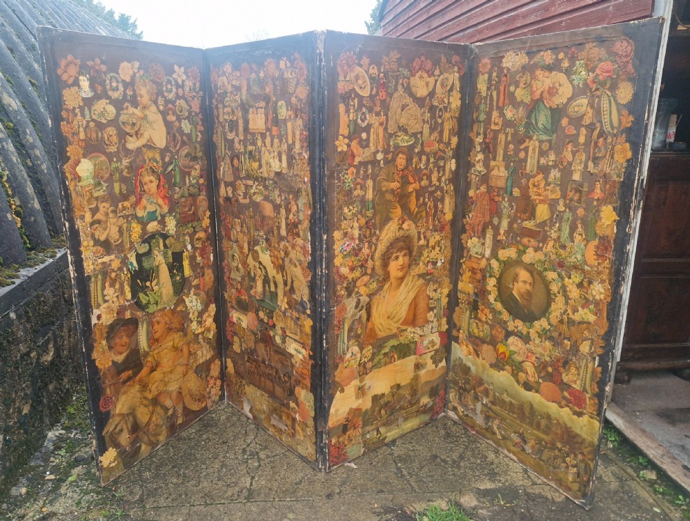 A Victorian four-fold wooden screen covered entirely in dense paper decoupage and scrapwork illustrations. View IX