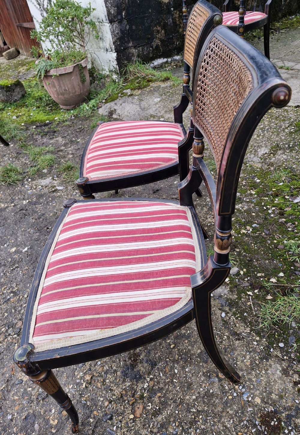 Pair of black painted antique side chairs featuring woven cane backrests, gold floral hand-painted details, and red and cream striped upholstered seats. View III