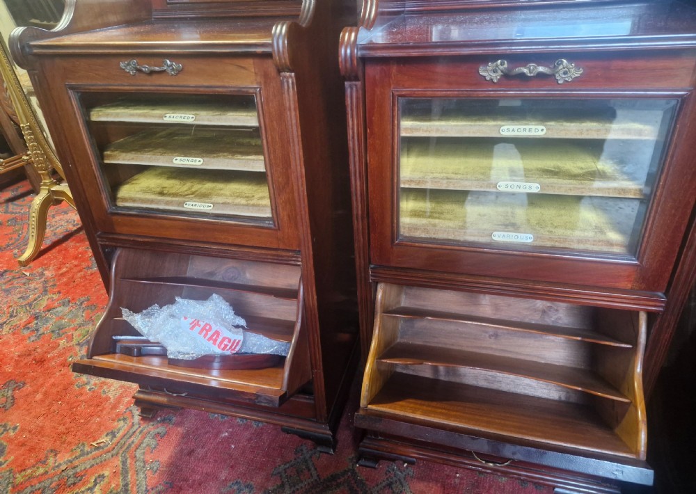A matching pair of late Victorian dark mahogany music cabinets featuring upper mirrored shelves, glazed doors revealing labelled shelves, and lower carved wood panels. View III