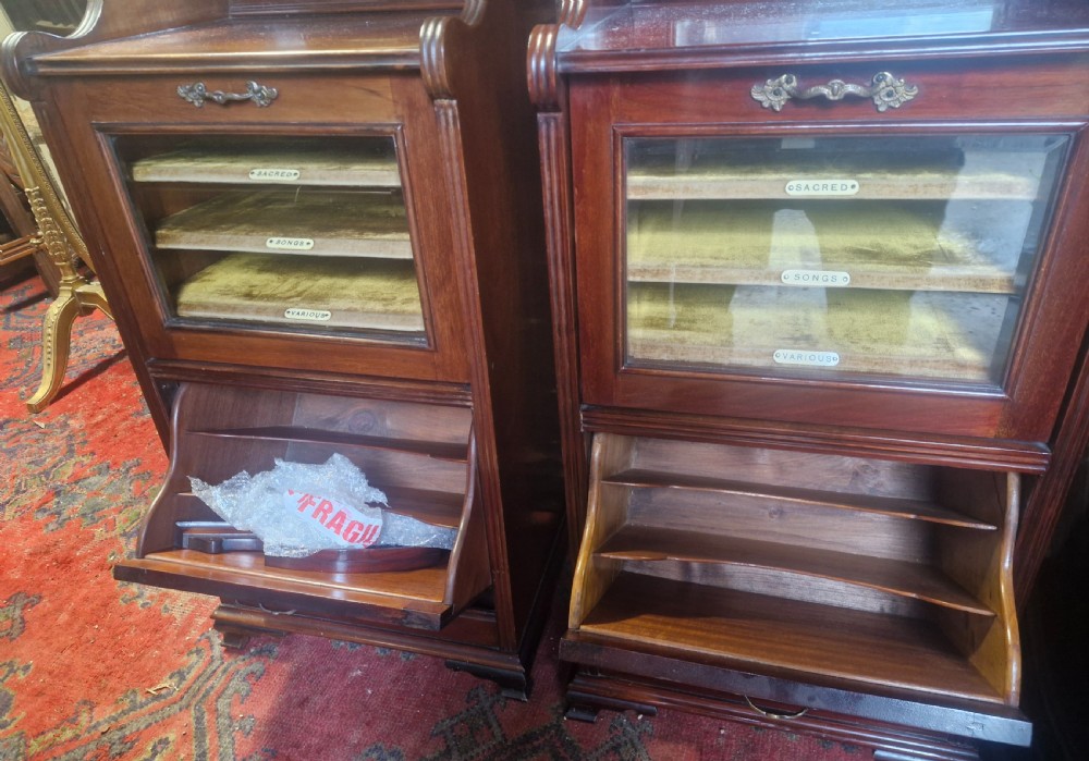 A matching pair of late Victorian dark mahogany music cabinets featuring upper mirrored shelves, glazed doors revealing labelled shelves, and lower carved wood panels. View IV