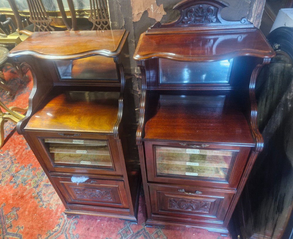 A matching pair of late Victorian dark mahogany music cabinets featuring upper mirrored shelves, glazed doors revealing labelled shelves, and lower carved wood panels. View VII