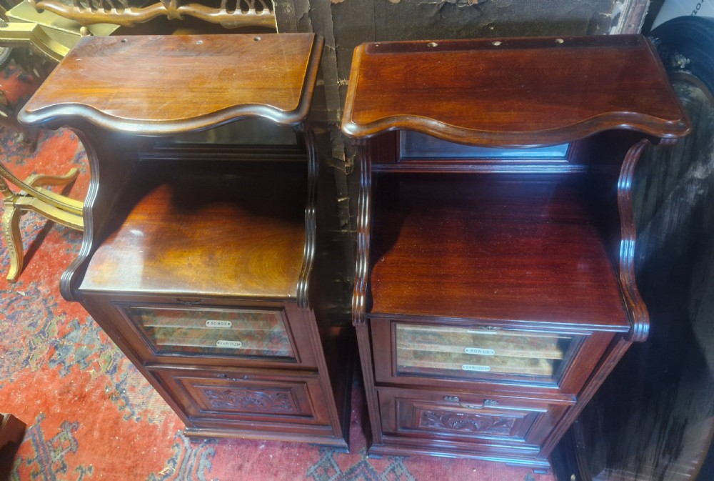 A matching pair of late Victorian dark mahogany music cabinets featuring upper mirrored shelves, glazed doors revealing labelled shelves, and lower carved wood panels. View VIII