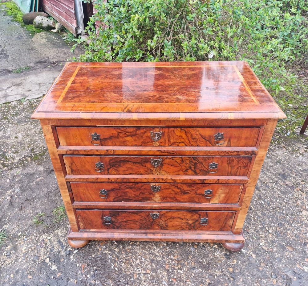 An antique walnut chest of four drawers featuring highly figured burr veneers, inlaid crossbanding, metal handles, and turned bun feet. View II