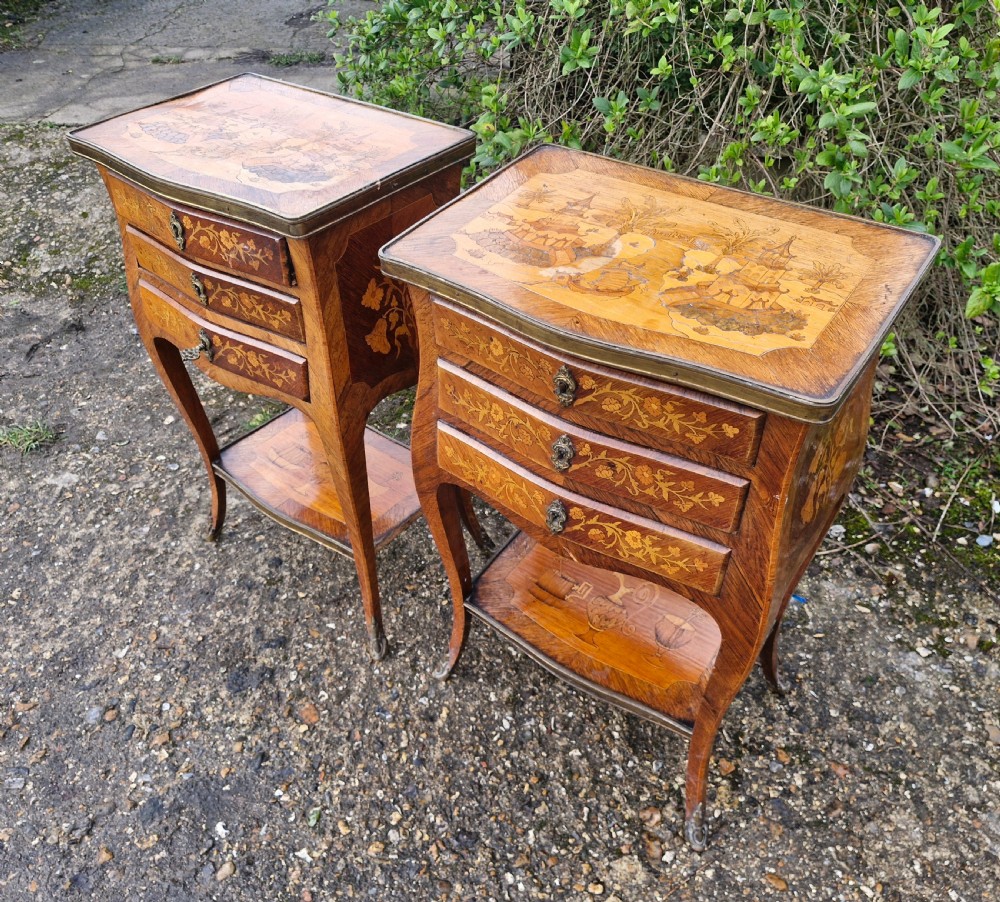 Pair of Marquetry inlaid rosewood bedside cabinets. 