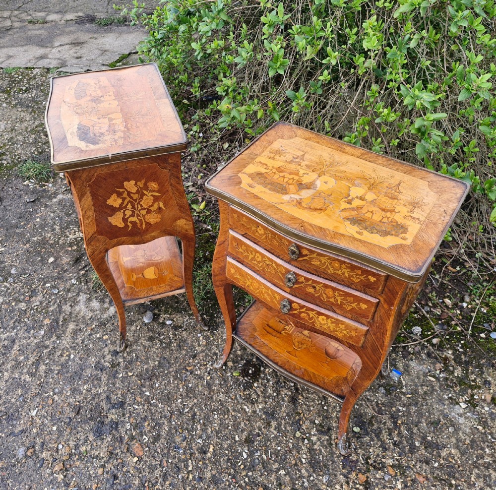 Pair of Marquetry inlaid rosewood bedside cabinets.  View II