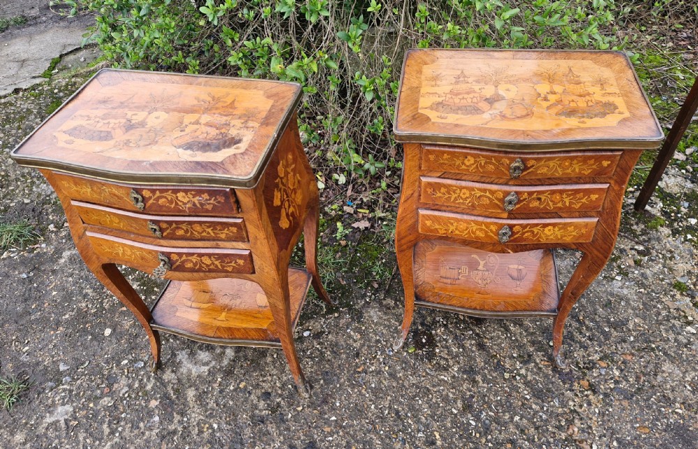 Pair of Marquetry inlaid rosewood bedside cabinets.  View X