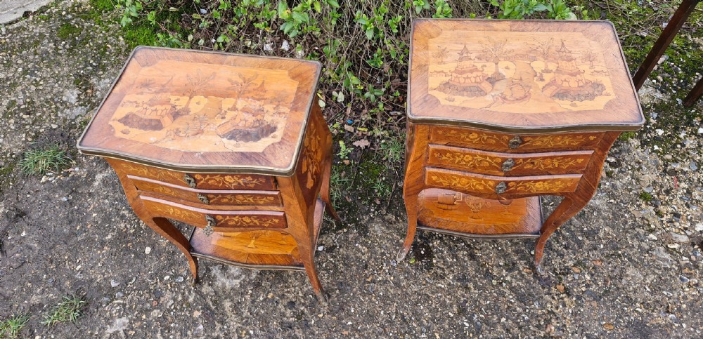 Pair of Marquetry inlaid rosewood bedside cabinets.  View XII