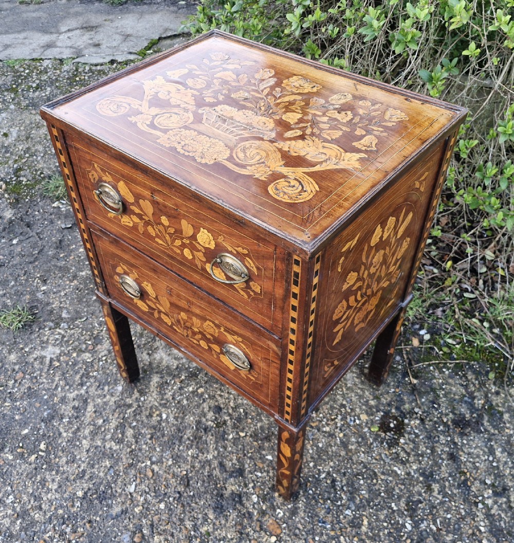 Early 19th Dutch Marquetry 2 drawer bedside chest of drawers. 