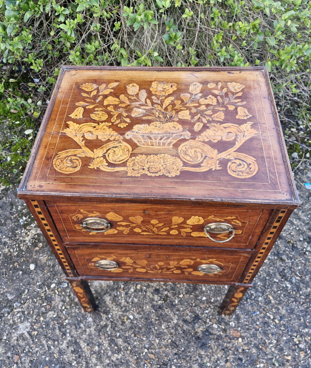 Early 19th Dutch Marquetry 2 drawer bedside chest of drawers.  View II